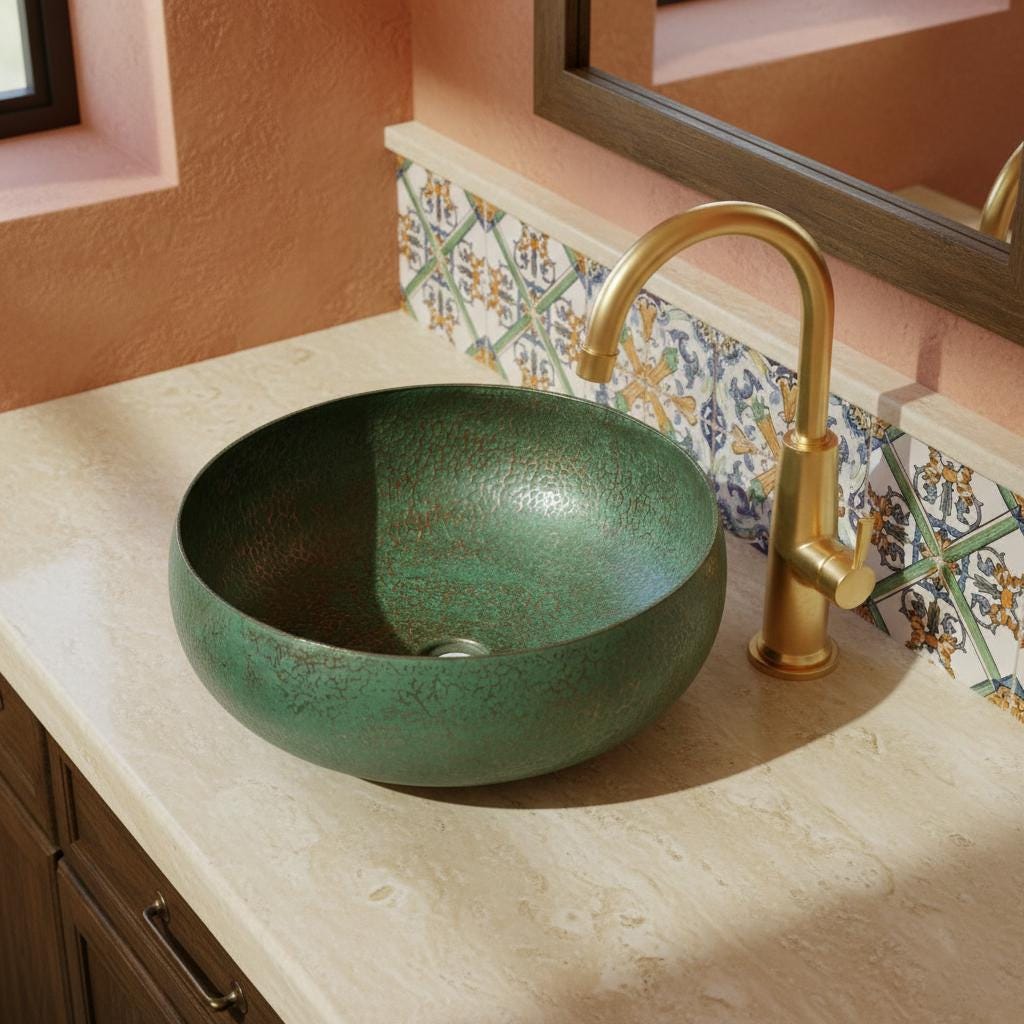 Green sink on a beige countertop with a gold faucet and decorative tiles in the background.