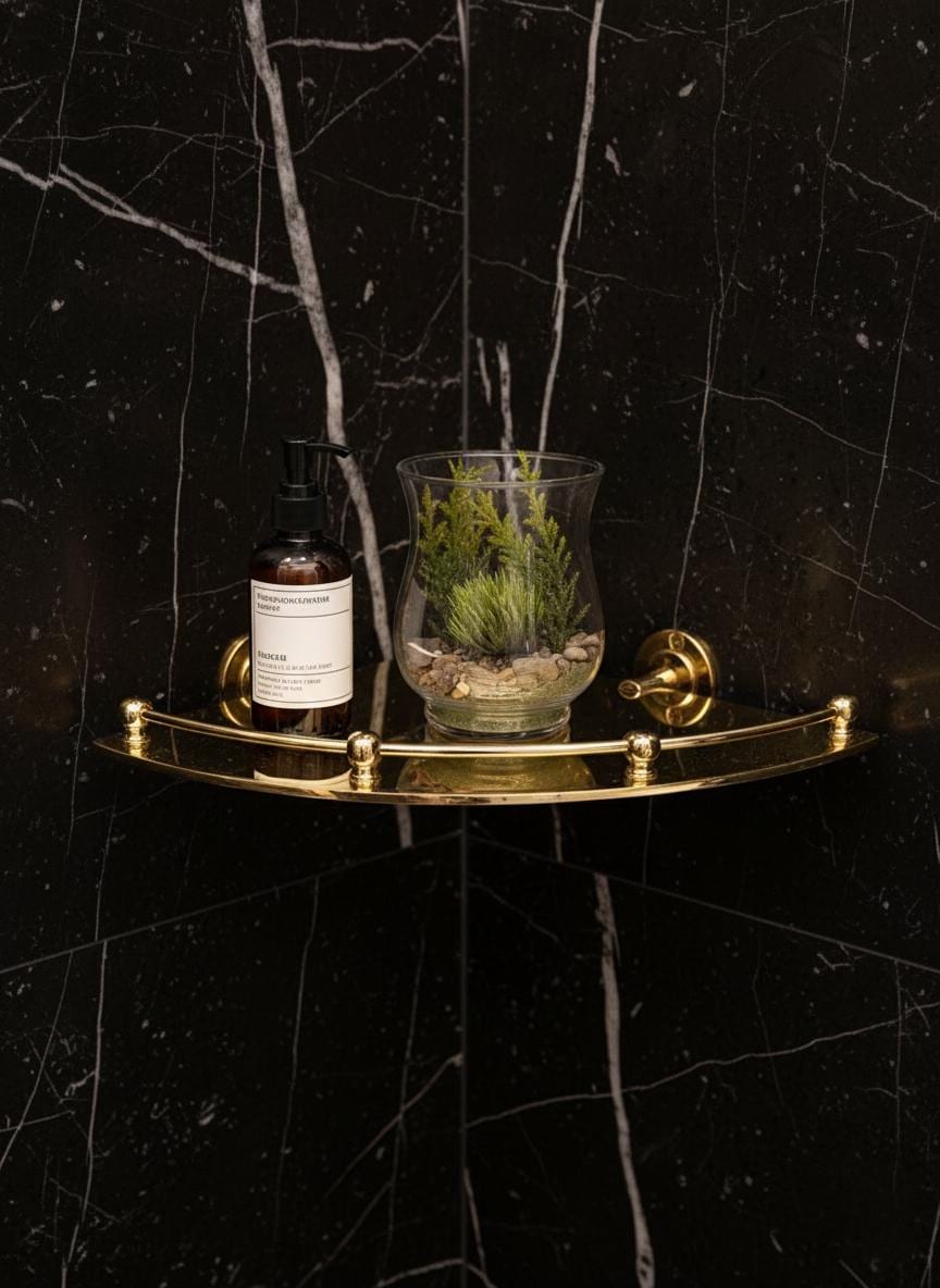 Gold tray with a bottle and glass on a dark textured wall