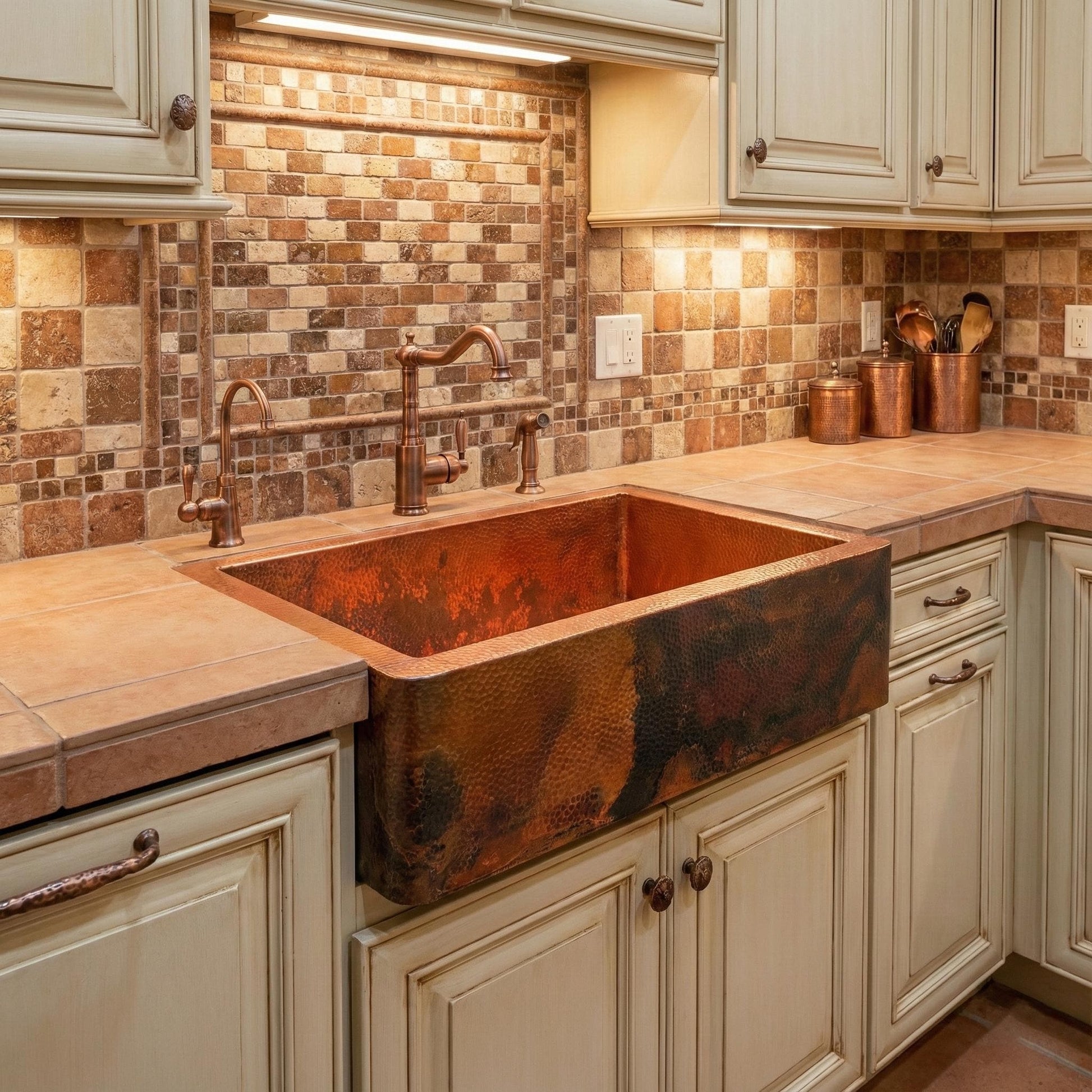 Kitchen with a copper farmhouse sink and tiled backsplash.