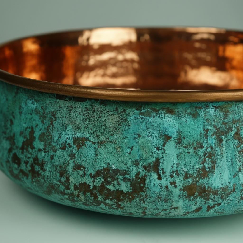 Copper and turquoise ceramic bowl on a light green background
