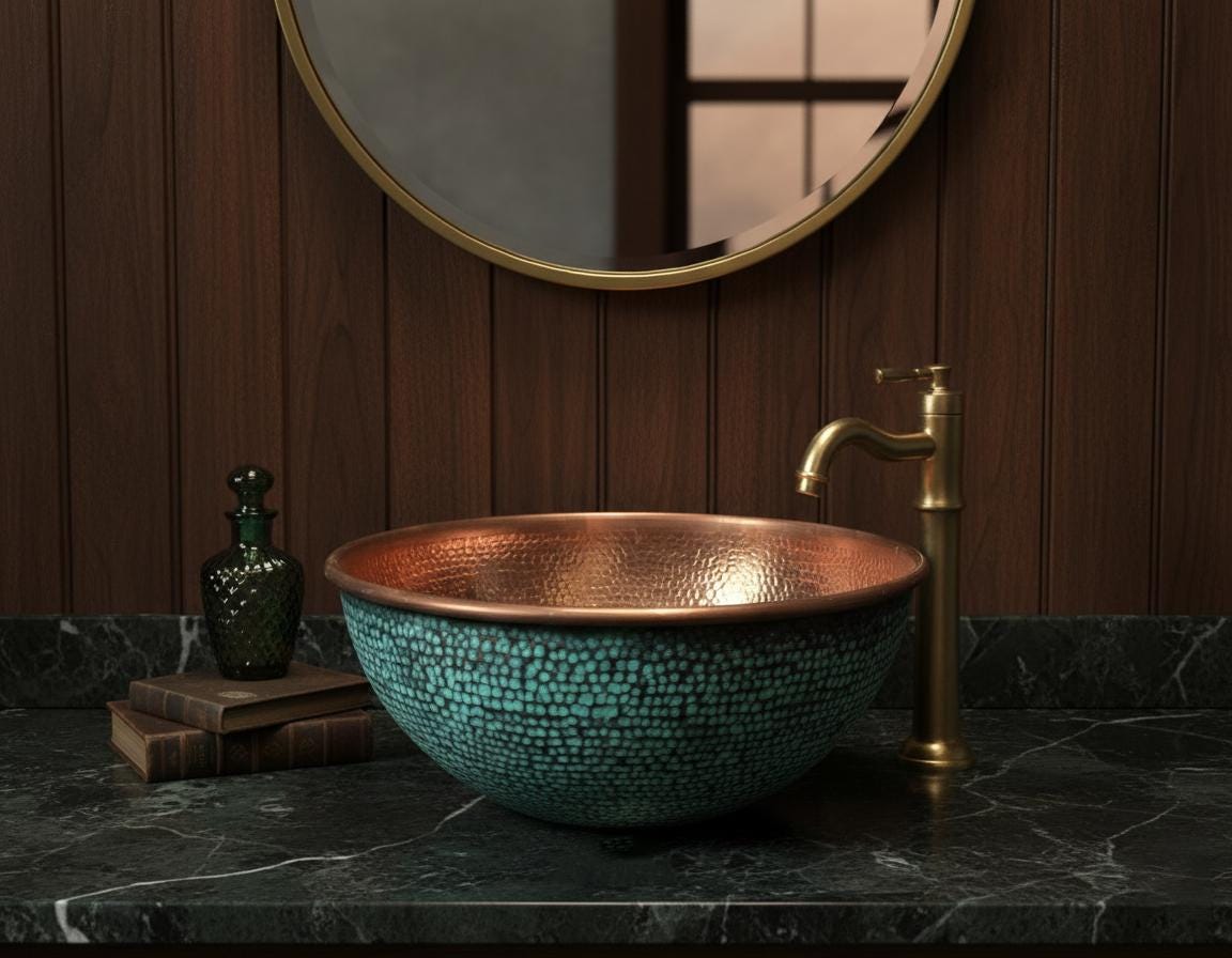 Copper sink with gold faucet in a bathroom setting