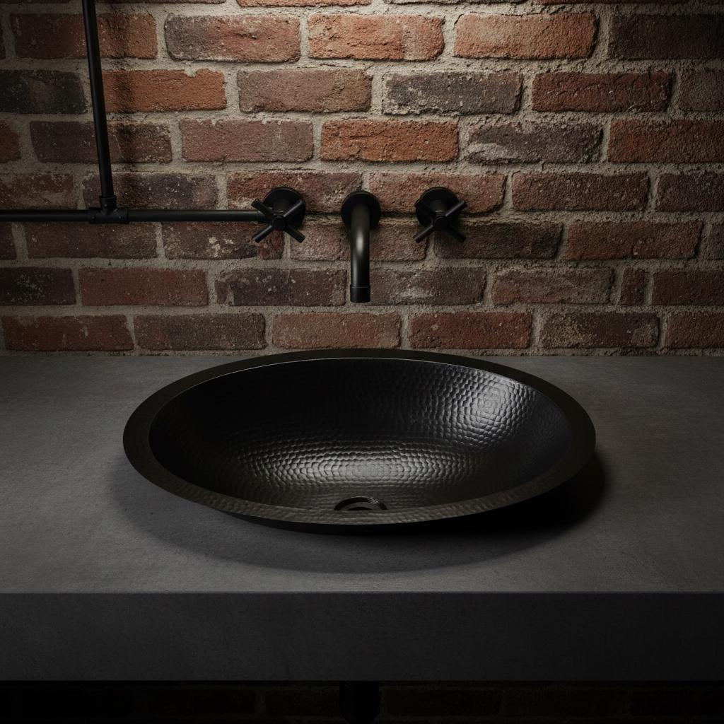 Black oval sink against a brick wall
