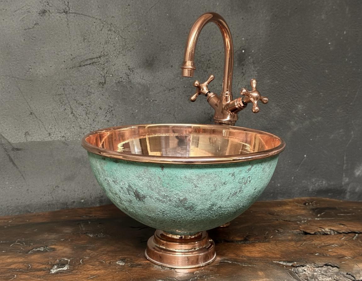 Copper sink with faucet on a wooden surface against a gray wall