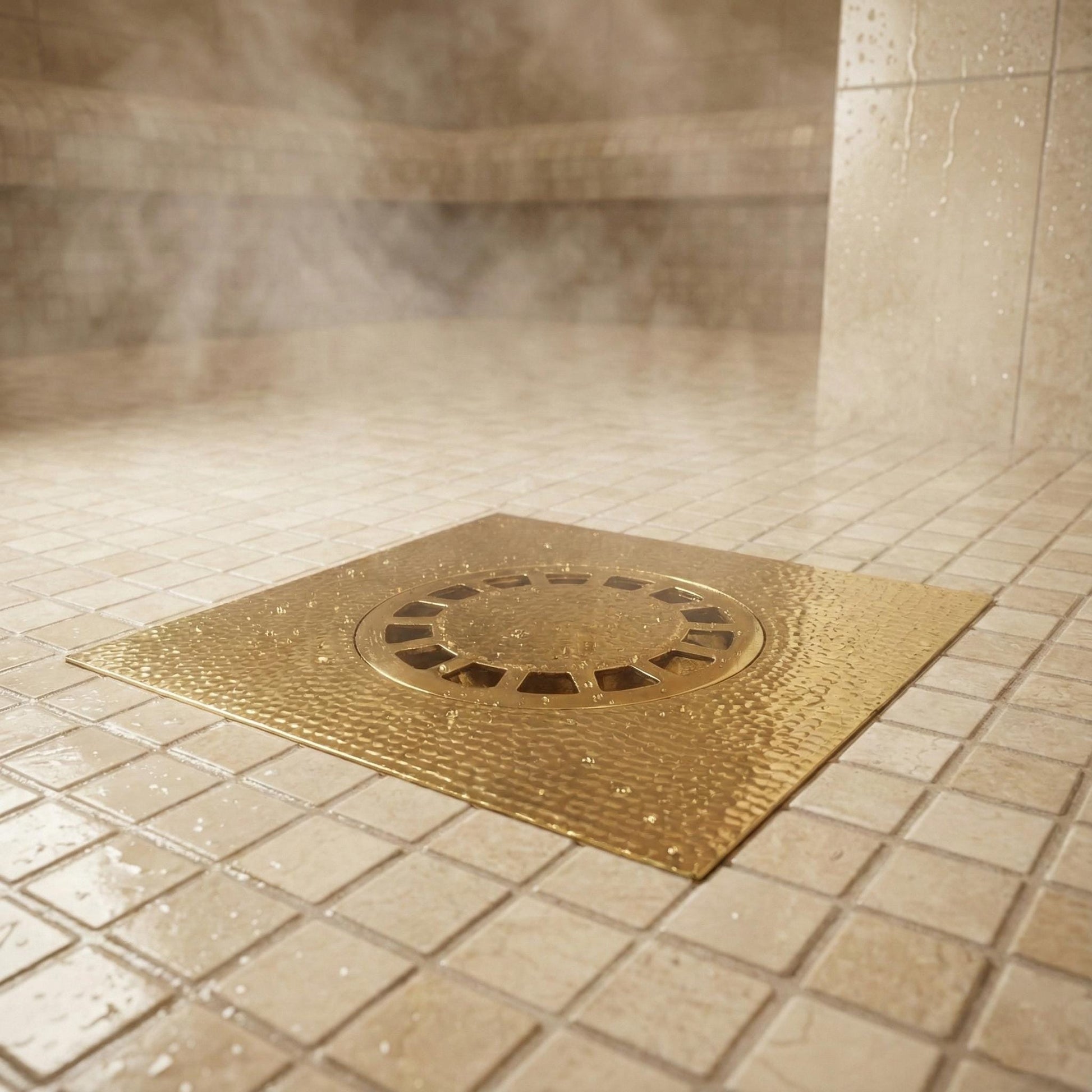 Gold shower drain cover on a tiled shower floor with steam in the background