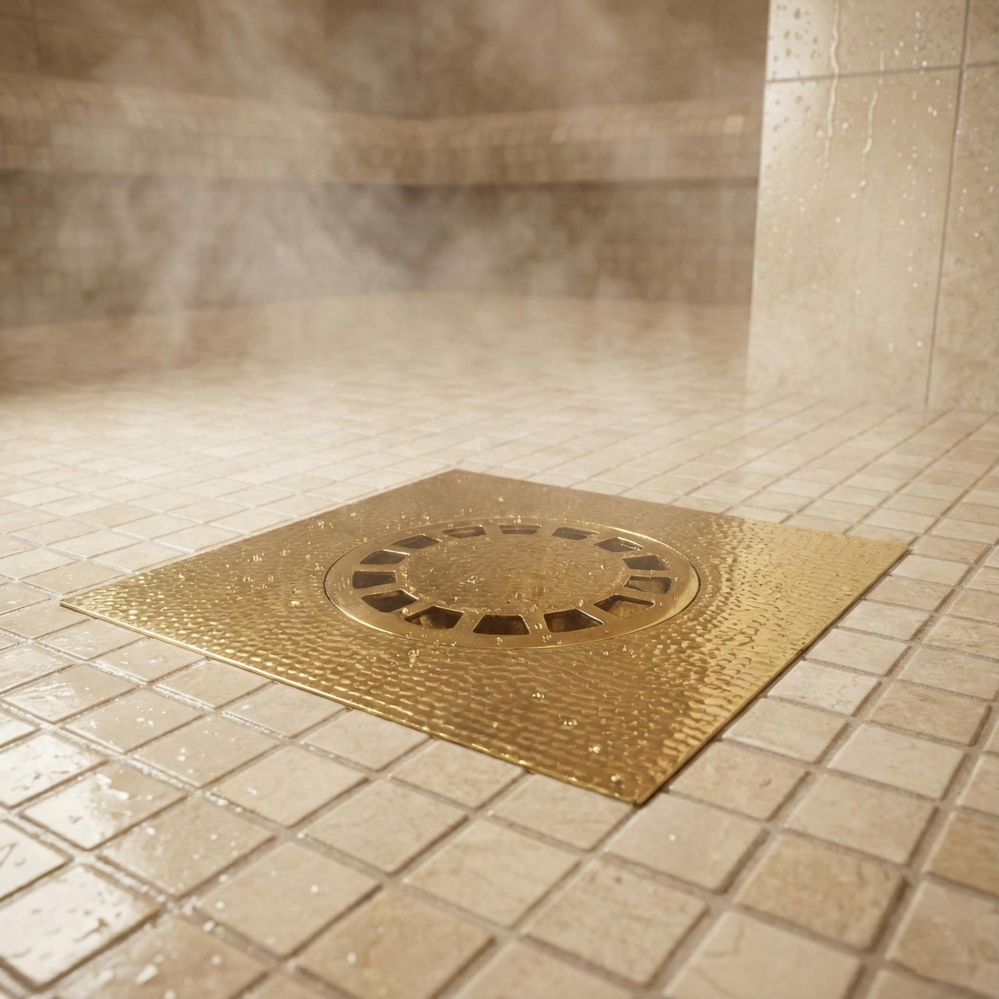 Gold shower drain cover on a tiled shower floor with steam in the background