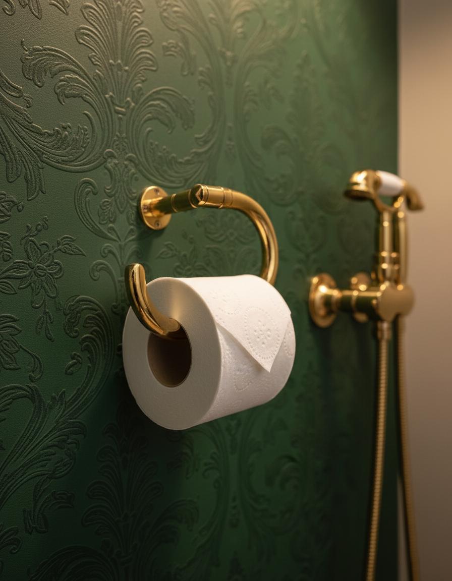 Gold toilet paper holder with a roll of toilet paper on a green wall with decorative patterns.