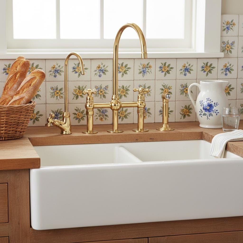 Kitchen sink with gold faucet and wooden countertop