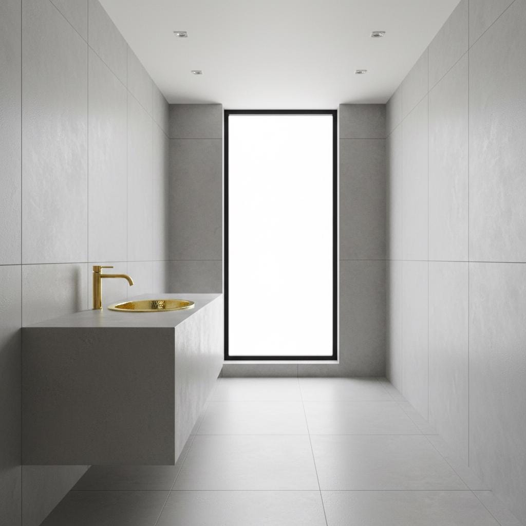 Modern bathroom with gray tiles, a sink, and a large window.