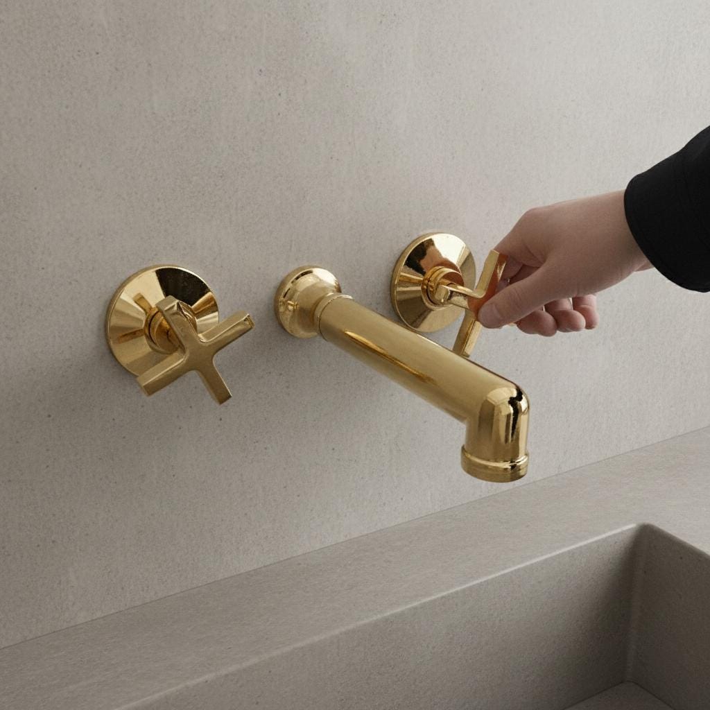 Gold faucet being turned by a hand on a neutral wall.