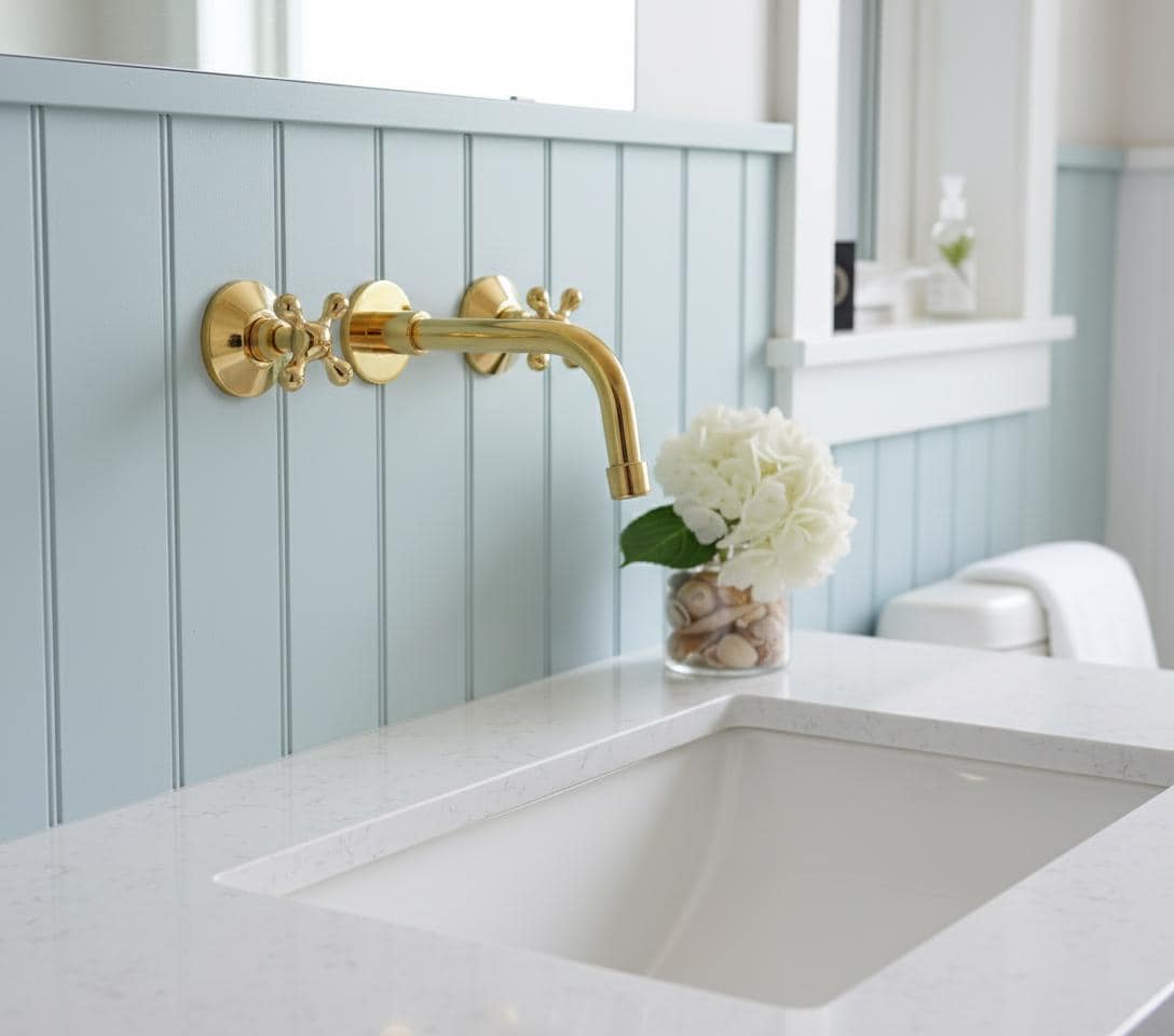 Bathroom sink with gold faucet and light blue paneling