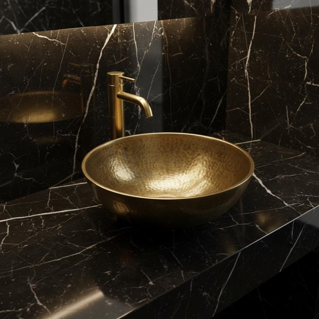 Gold sink and faucet on a black marble countertop