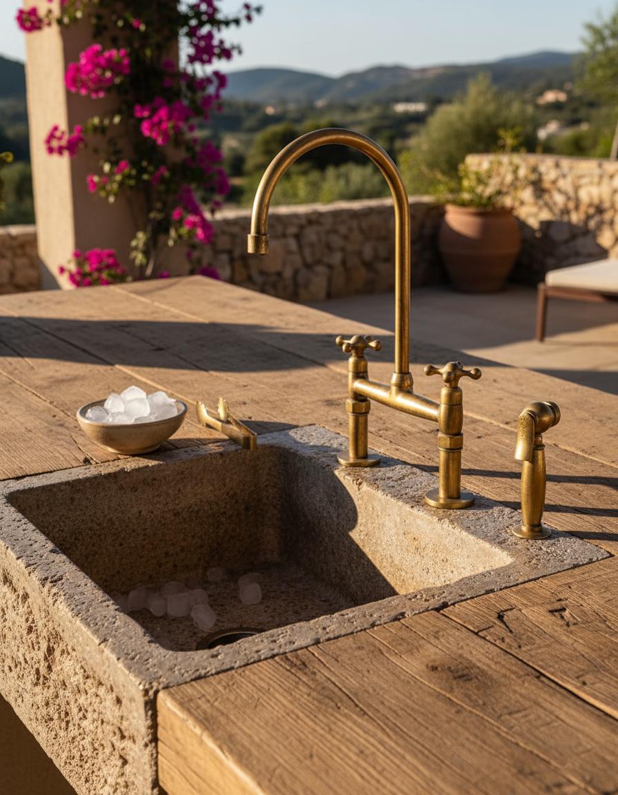 Outdoor kitchen sink with gold faucet and stone countertop, surrounded by plants and mountains.