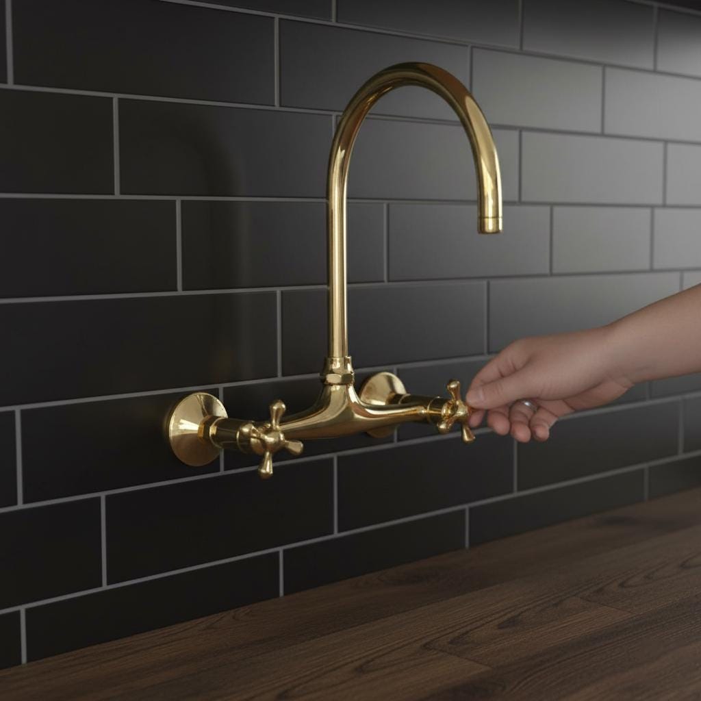Gold kitchen faucet mounted on a black tiled wall with a wooden countertop.