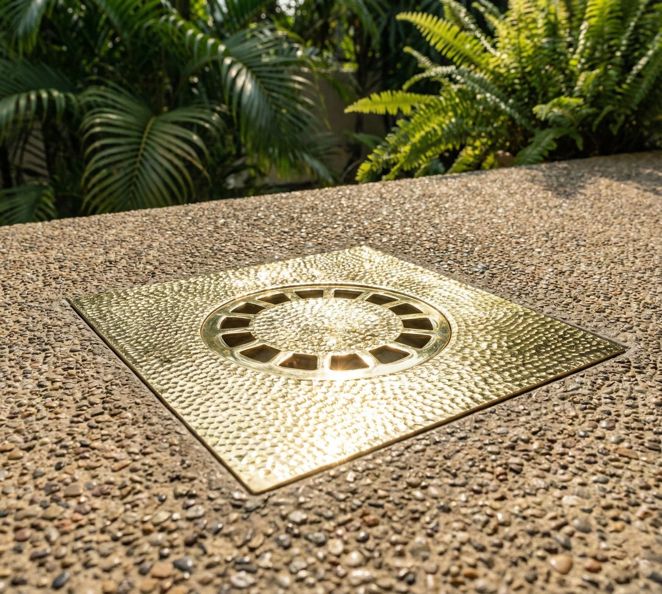 Decorative gold manhole cover on a concrete surface with greenery in the background