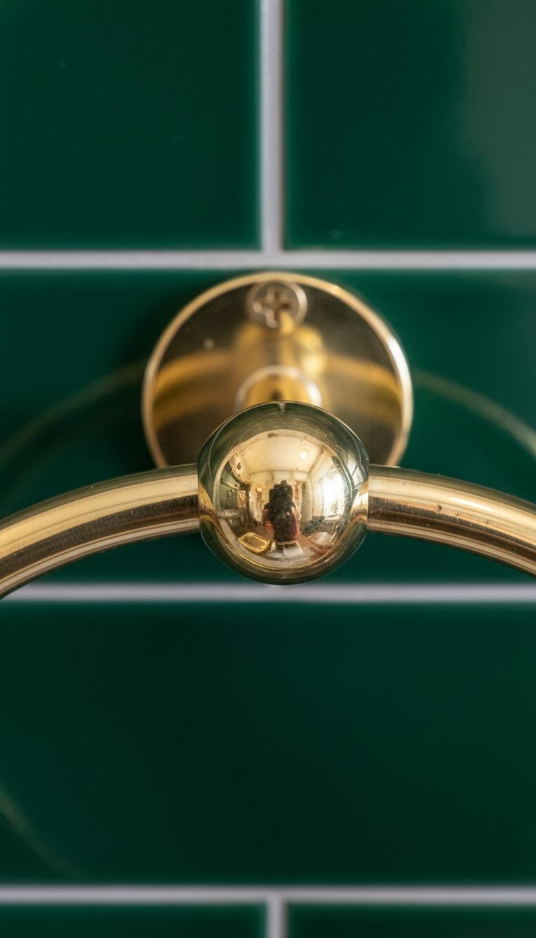 Gold towel rack on a green tiled wall