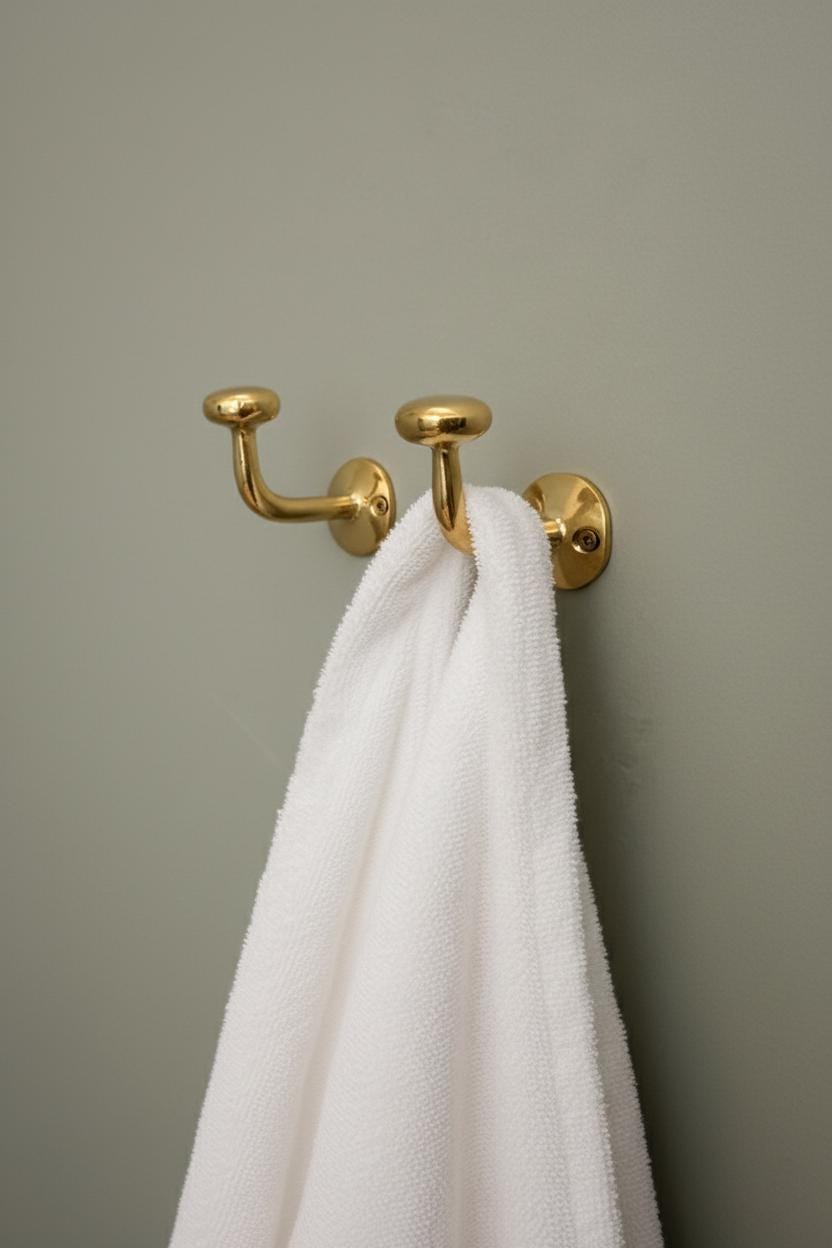 Gold towel hook with a white towel on a plain wall