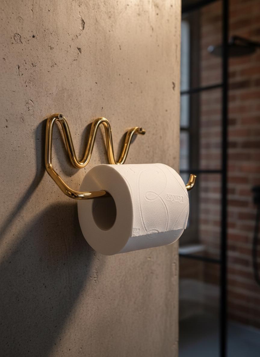 Gold toilet paper holder with a roll of toilet paper on a light blue wall.