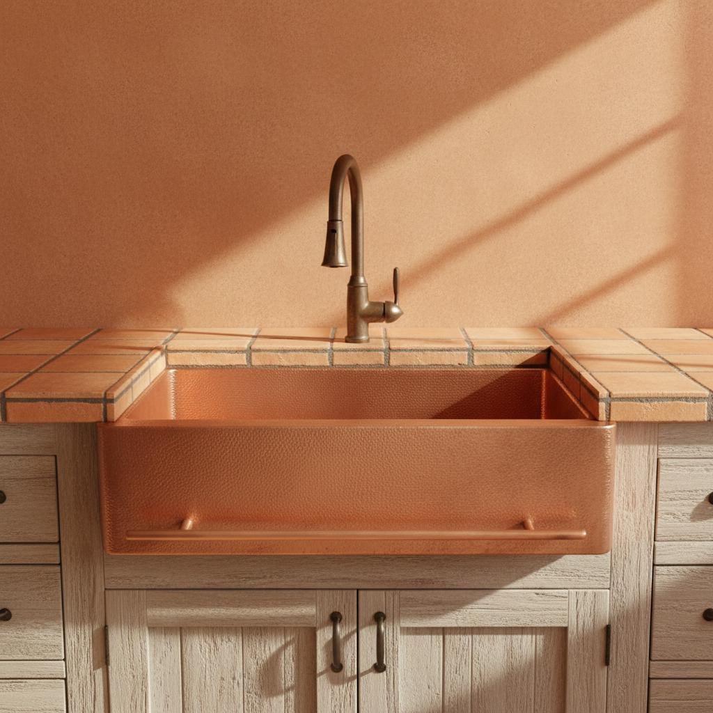 Copper farmhouse sink with a rustic faucet in a kitchen setting.