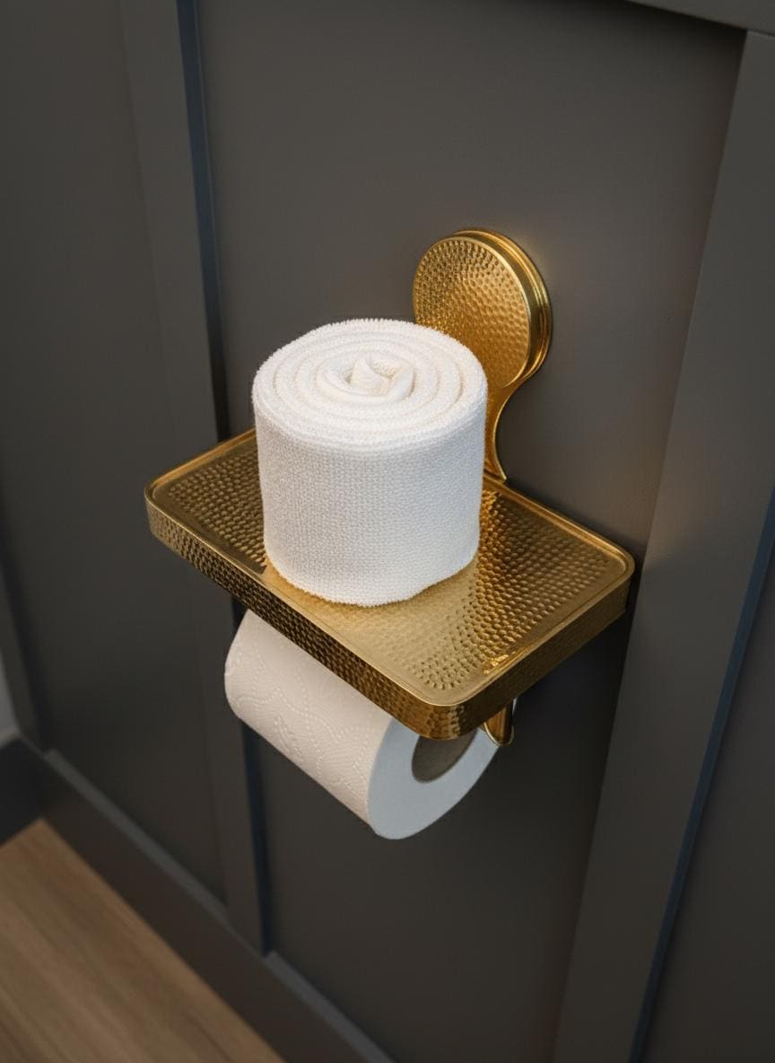 Gold toilet paper holder with toilet paper on a gray wall
