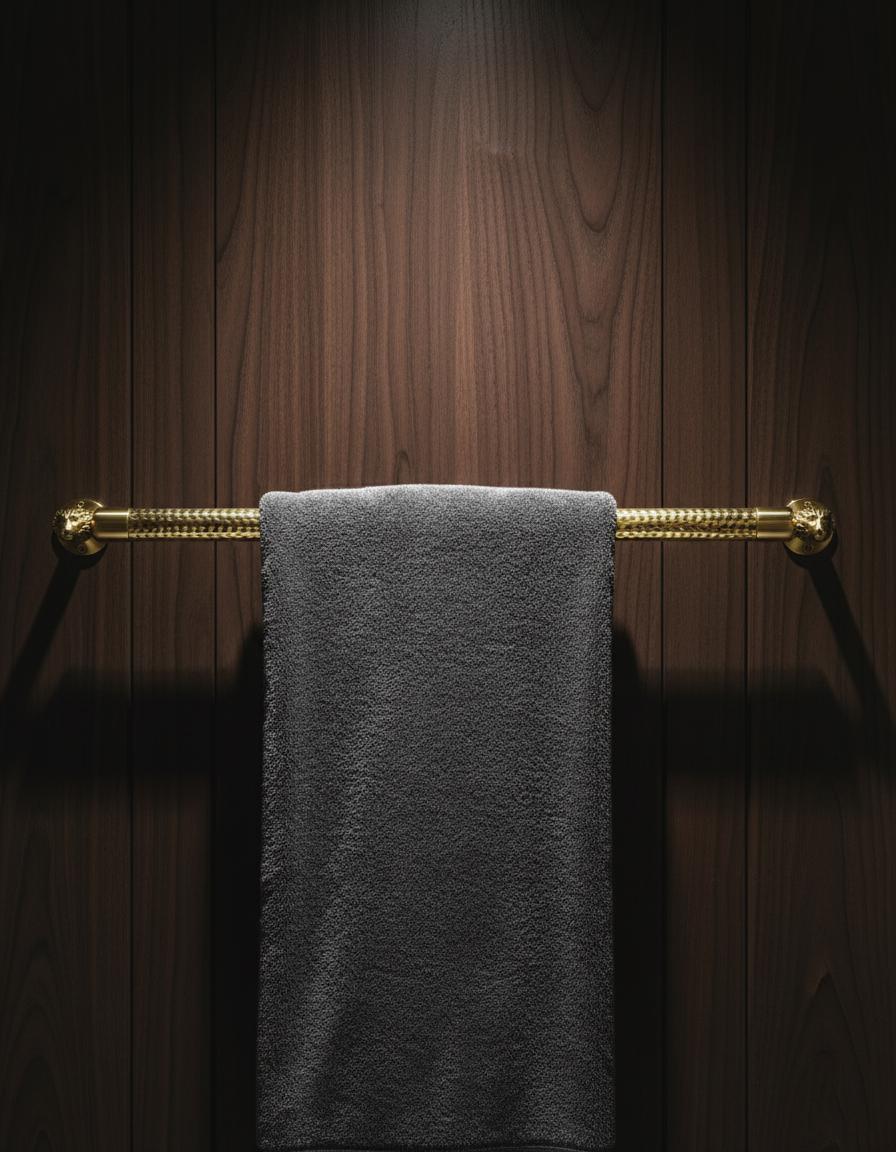 Gray towel hanging on a gold towel rack against a wooden wall.