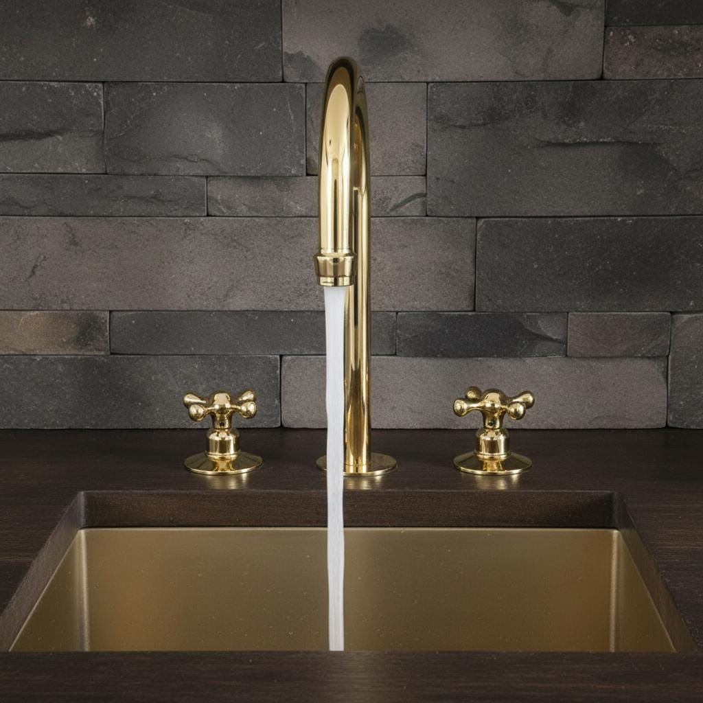 Gold faucet and handles on a kitchen sink with a stone backsplash.