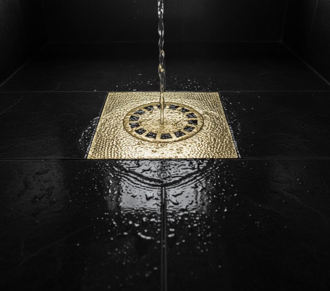 Decorative drain cover with a geometric pattern on a black floor