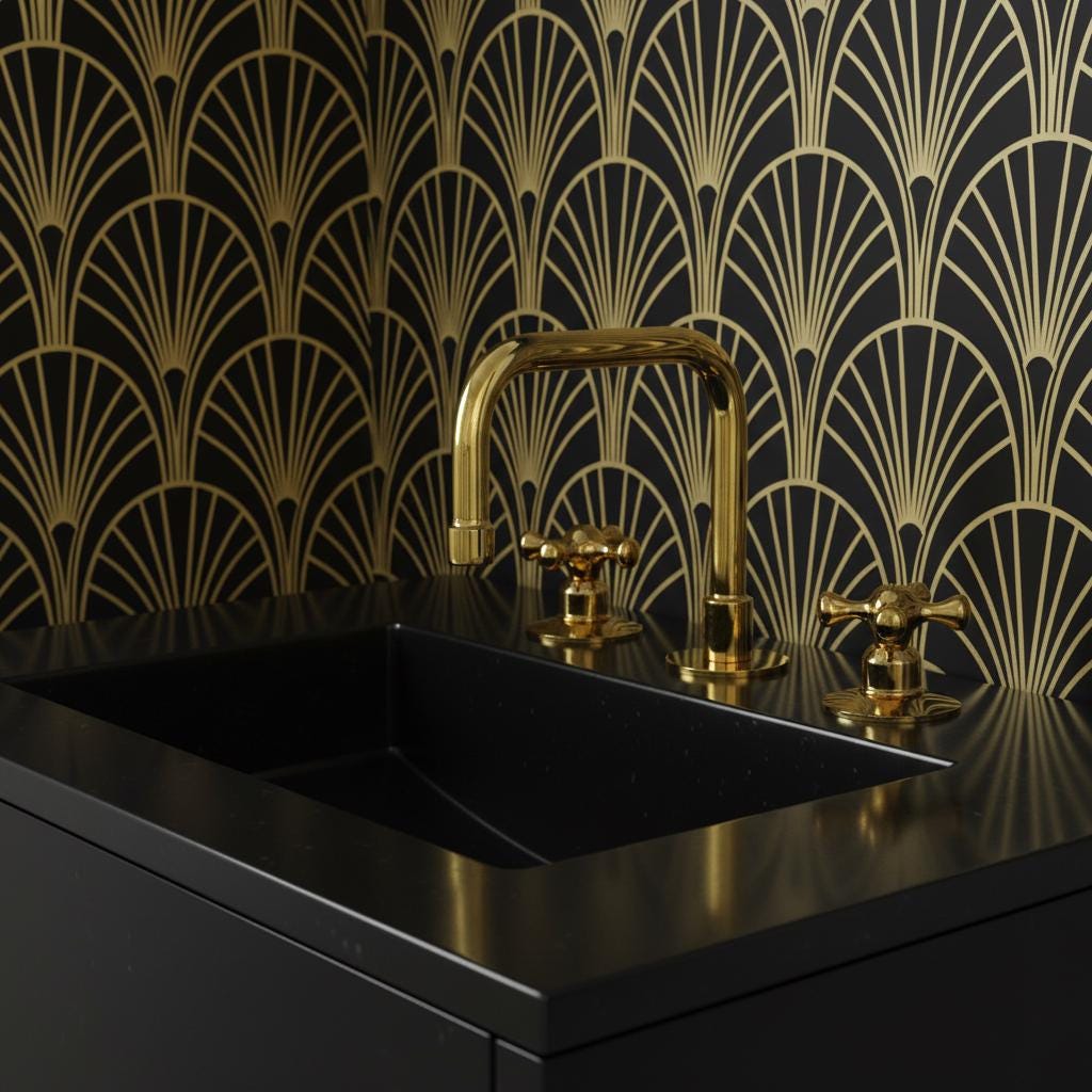 Black sink with gold faucet against a decorative gold and black wall pattern