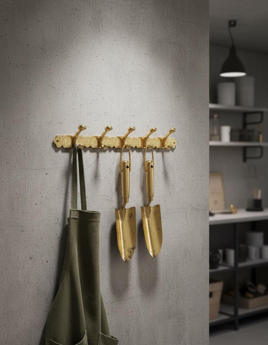 Set of gold gardening tools hanging on a wall hook against a concrete wall.