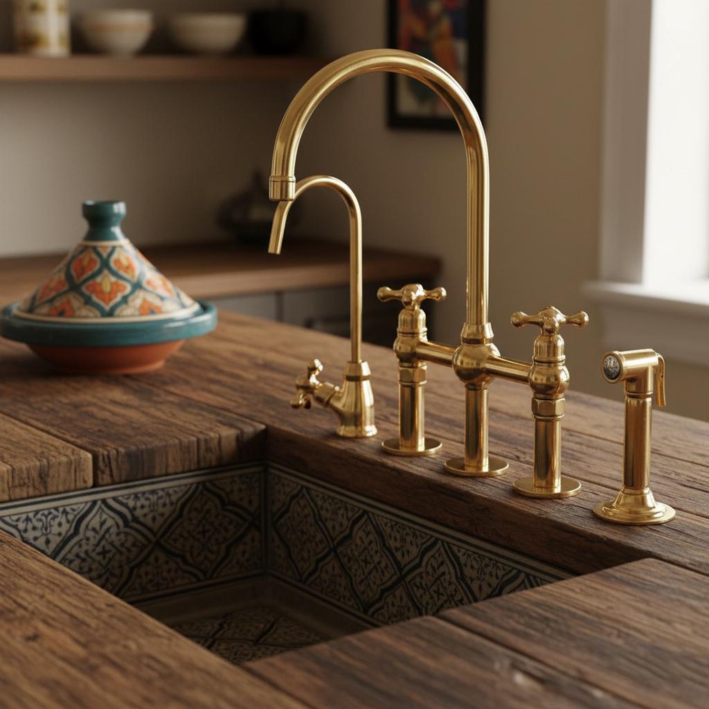 Gold kitchen faucet set on a white countertop with a blurred background