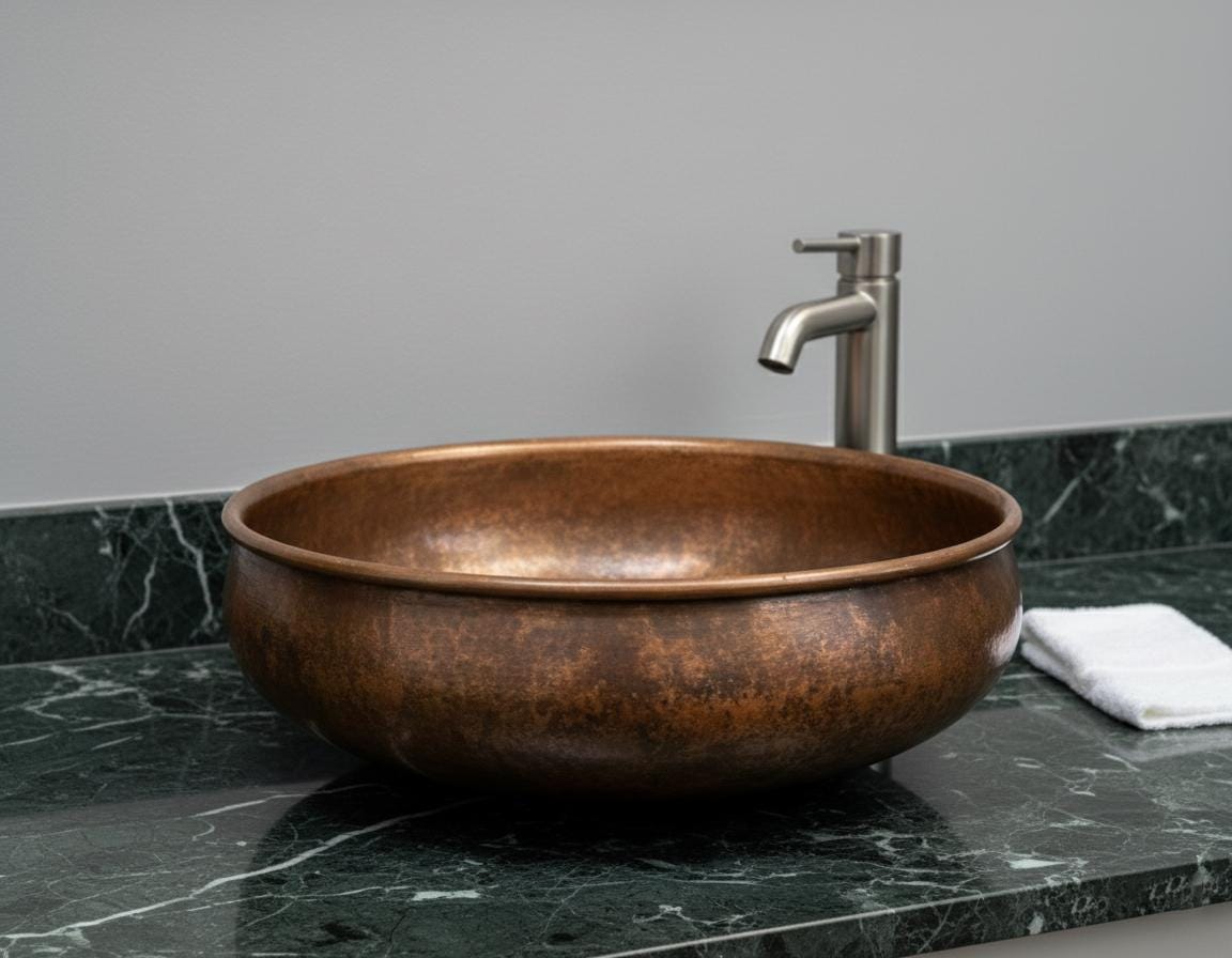 Copper sink on a marble countertop with a gray wall background