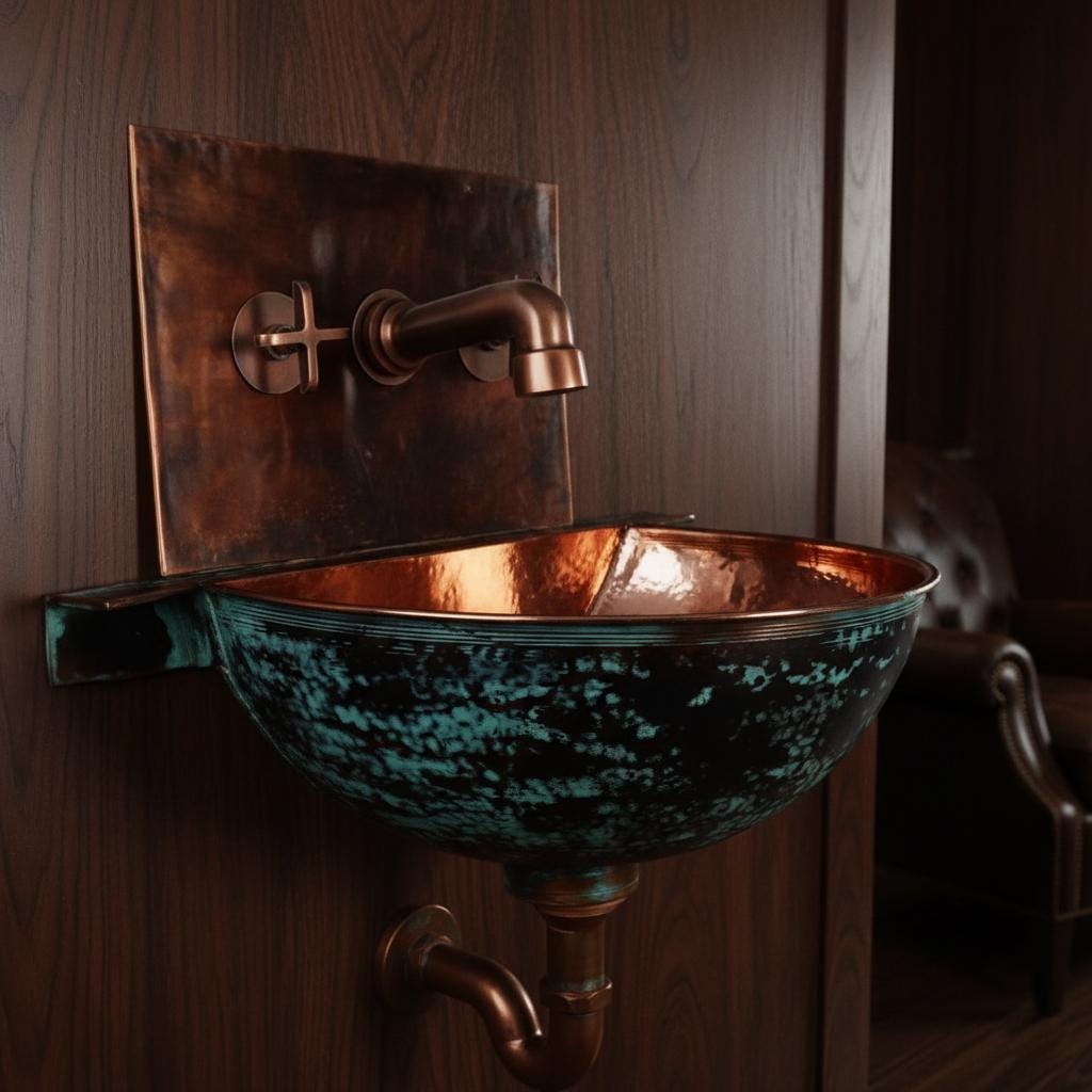 Copper sink with faucet mounted on a wooden wall