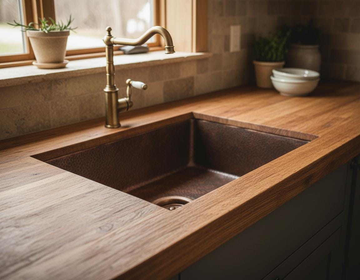 Copper kitchen sink with brass faucet in a wooden countertop setting.