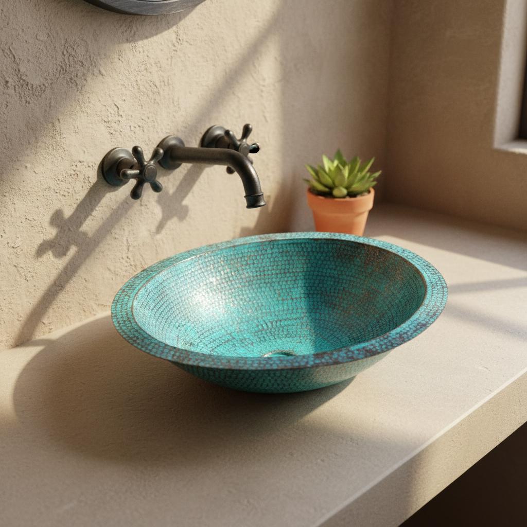 Turquoise mosaic sink on a light stone countertop with a black faucet.