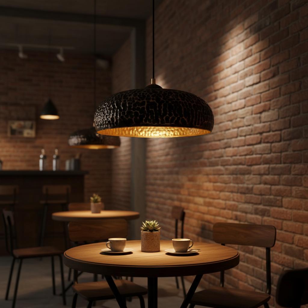 Dining area with a round wooden table, chairs, and a textured pendant light against a brick wall.