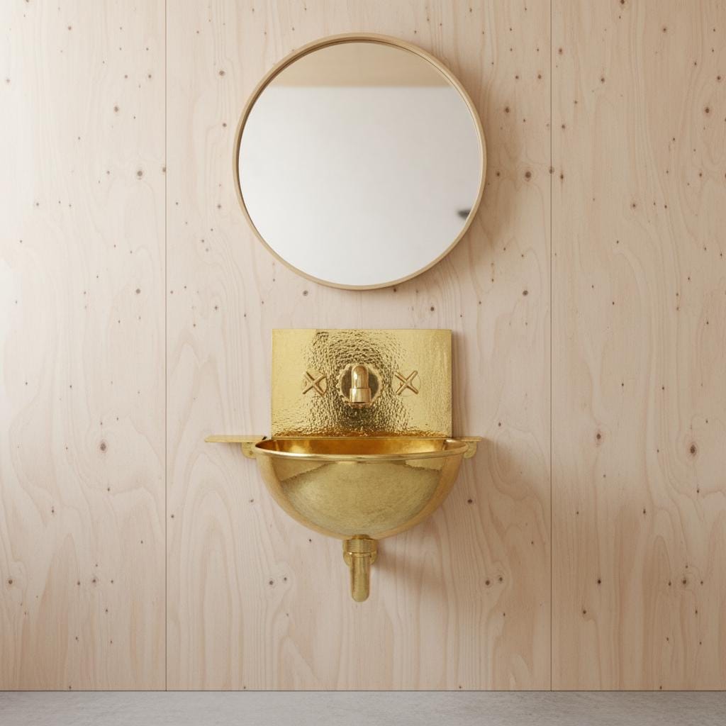 Gold wall-mounted sink with decorative design on a gray concrete background