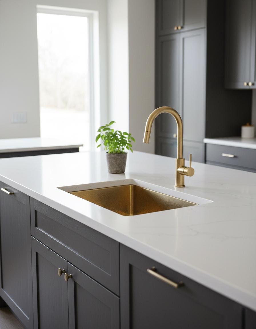 Modern kitchen with gold sink and faucet in a gray cabinet setting