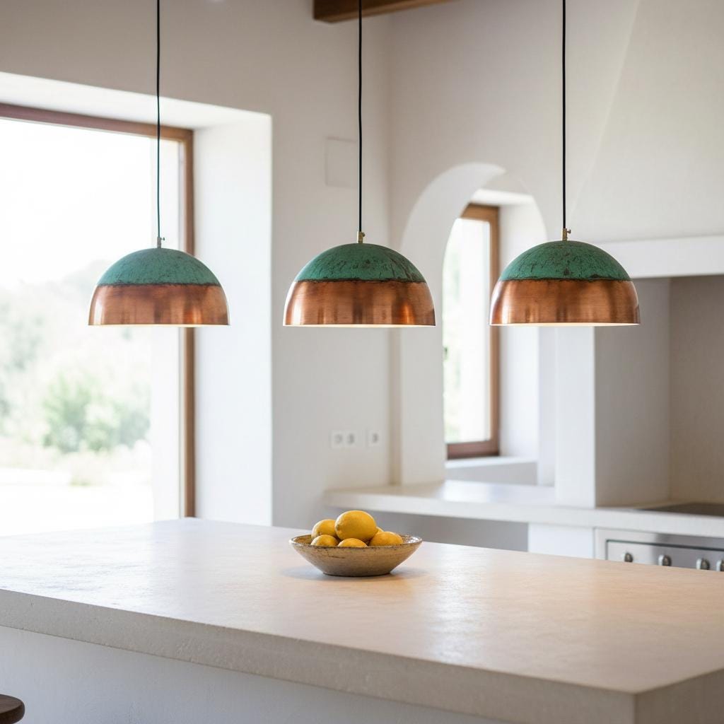 Modern kitchen with pendant lights and a bowl of fruit on a counter.