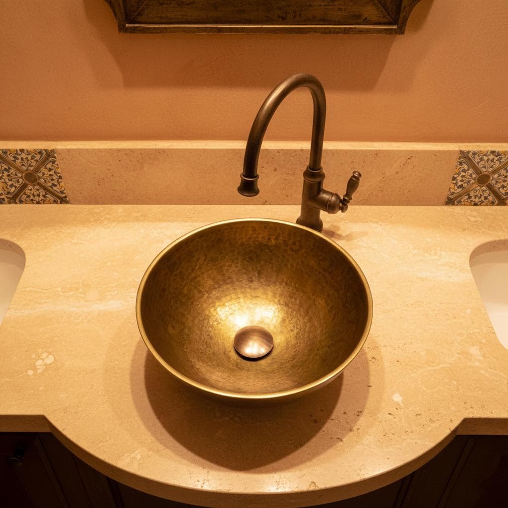 Bronze sink and faucet on a beige countertop with tiled backsplash