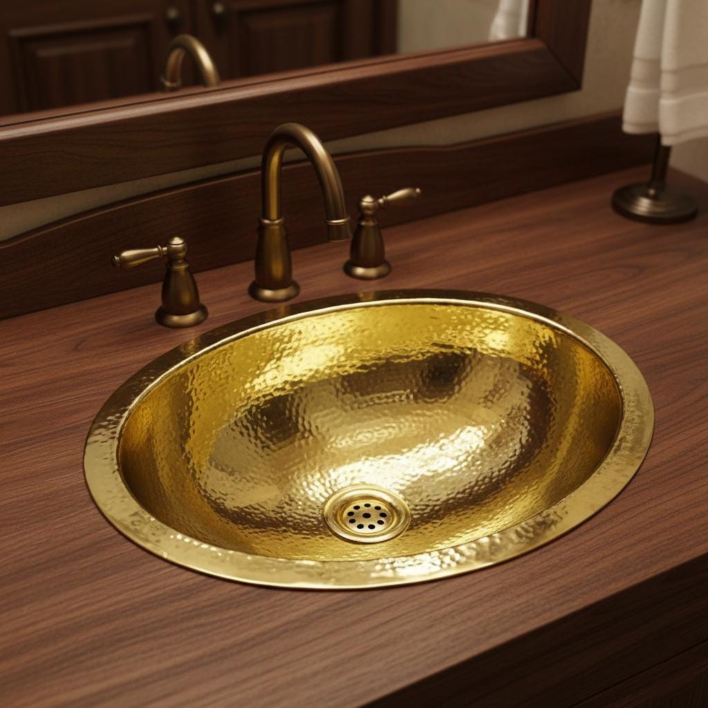 Gold sink with faucet on a black countertop