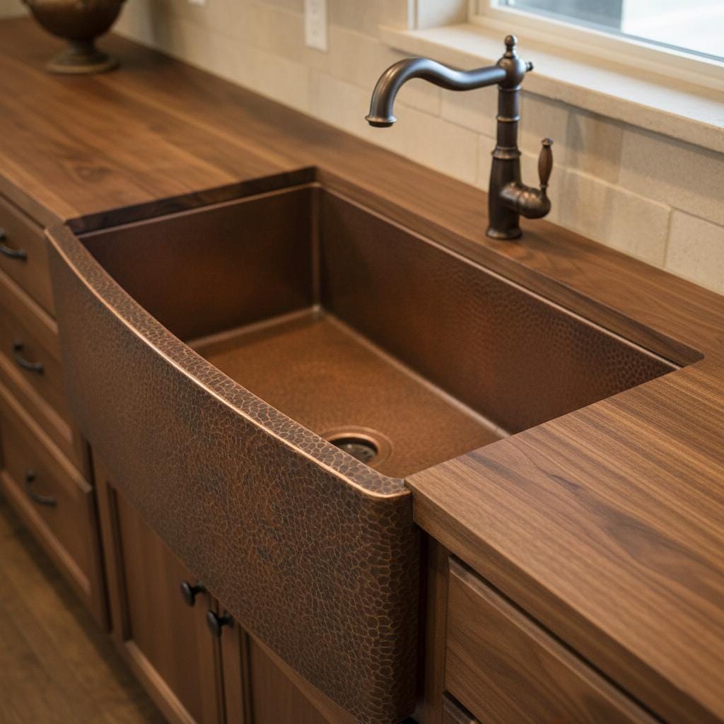 Kitchen with a copper farmhouse sink and white countertops