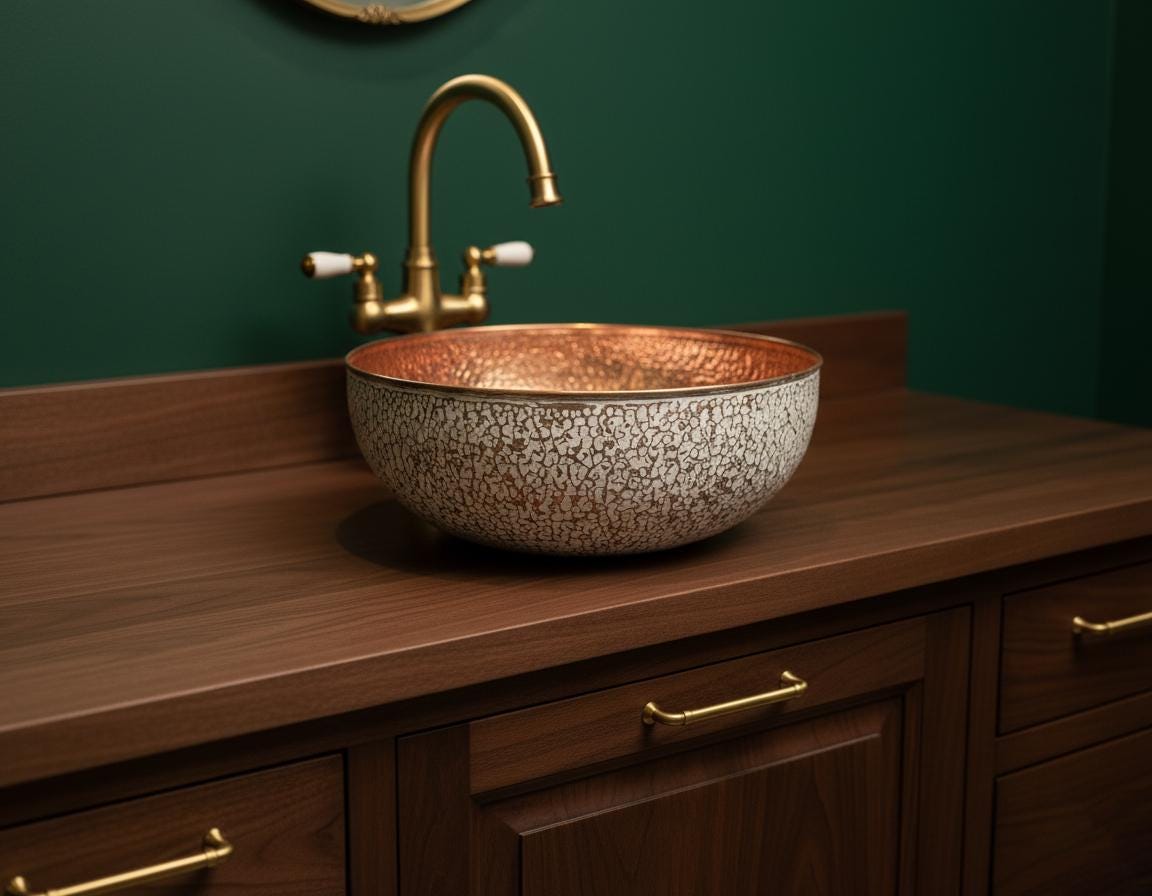 Copper sink on a wooden vanity with gold fixtures against a green wall.