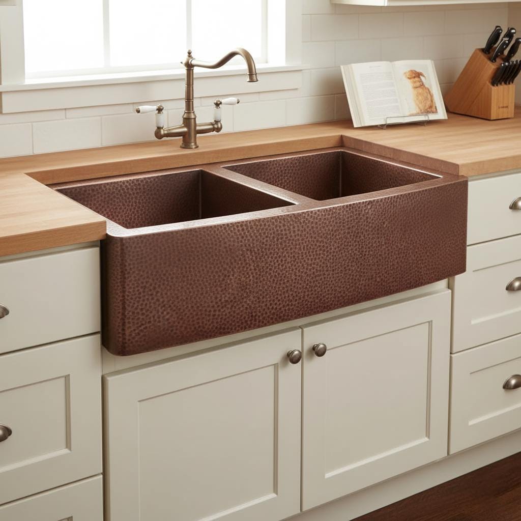 Stainless steel farmhouse sink in a kitchen with wooden countertop and white cabinets.