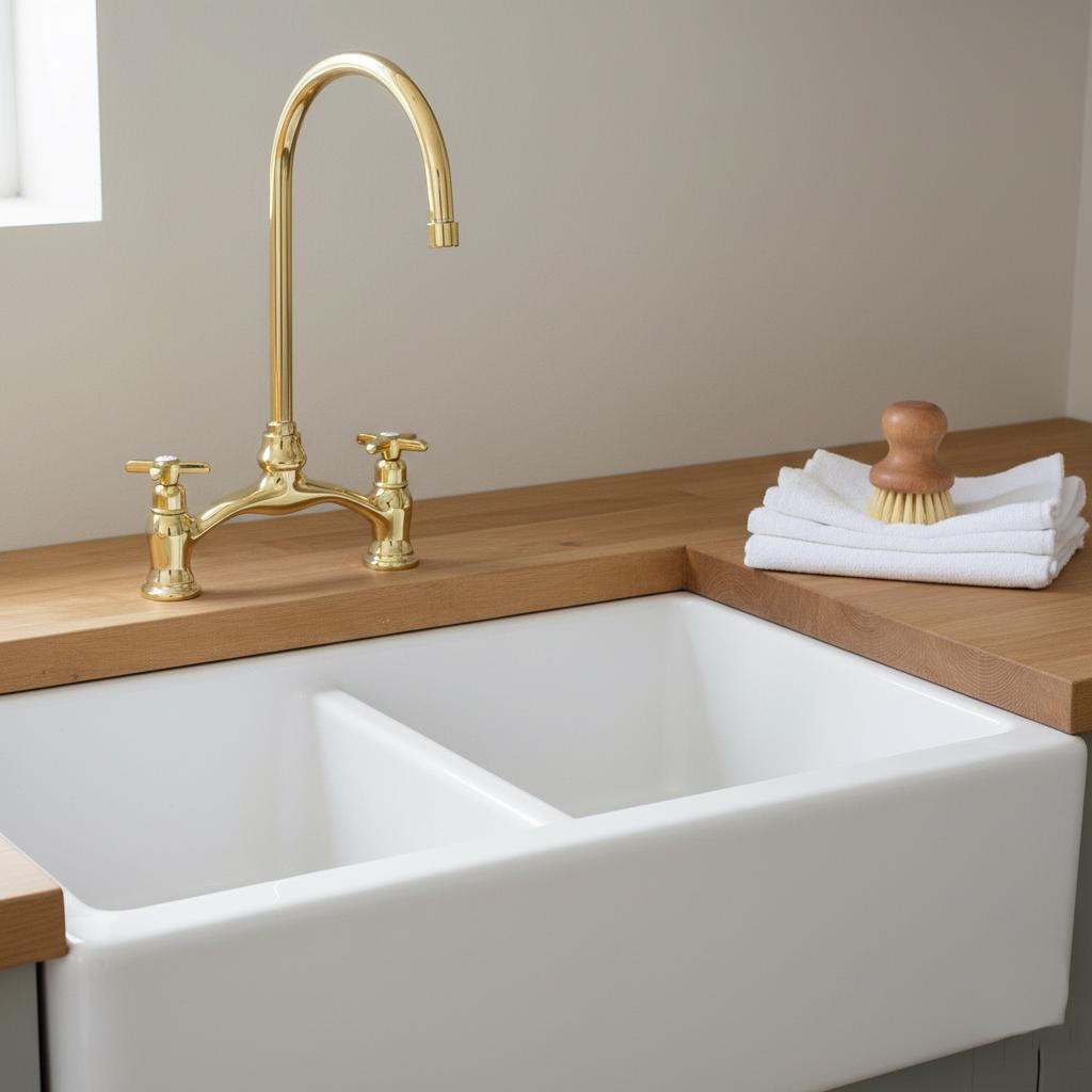White kitchen sink with gold faucet and wooden countertop