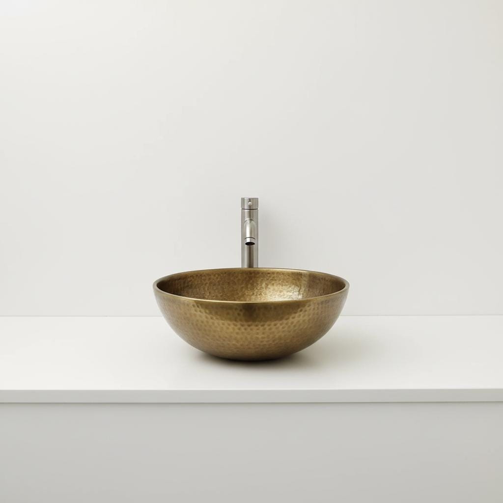 Bronze sink on a white countertop with a white wall background