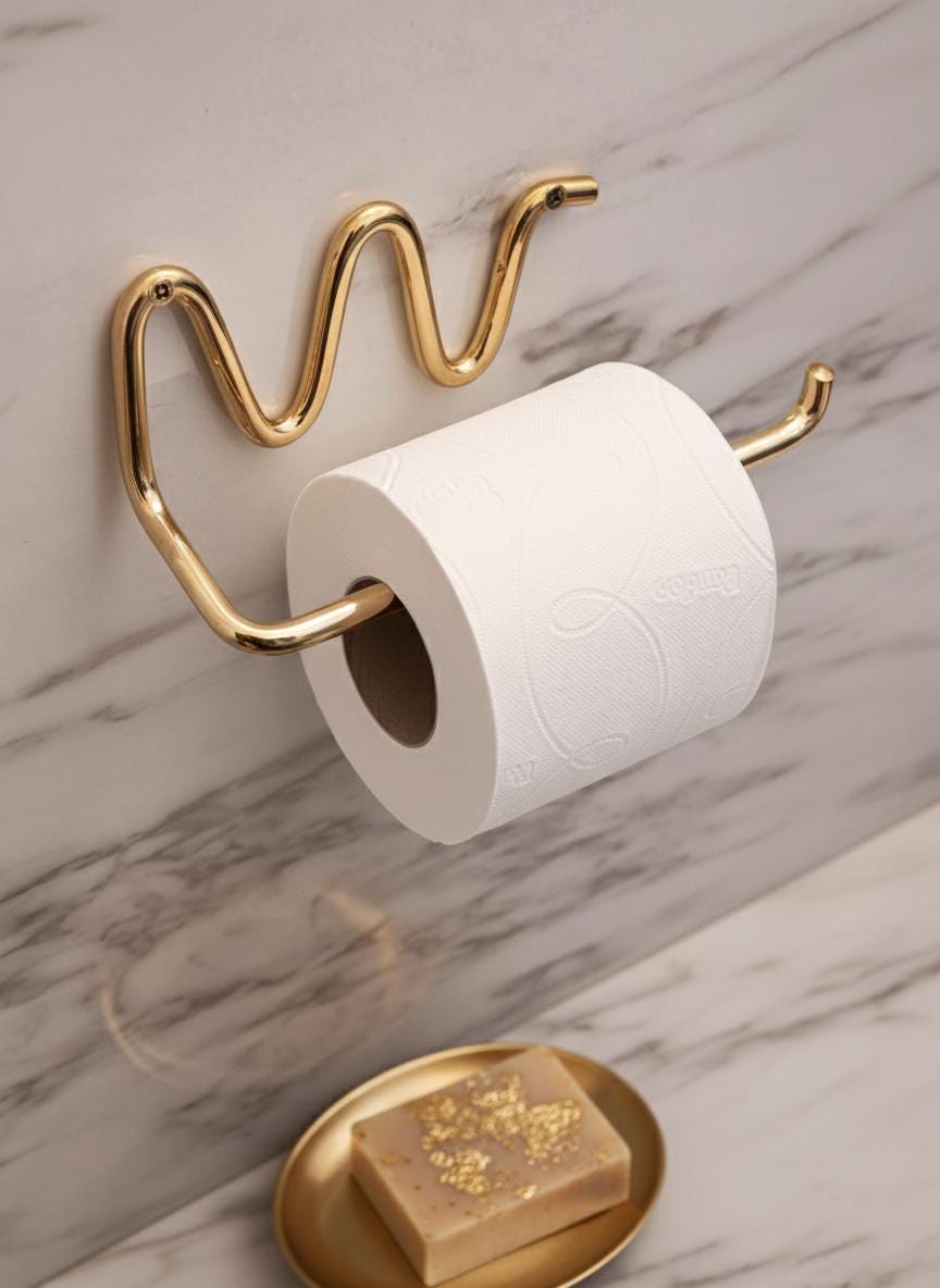Gold wavy toilet paper holder with a roll of toilet paper on a marble wall.