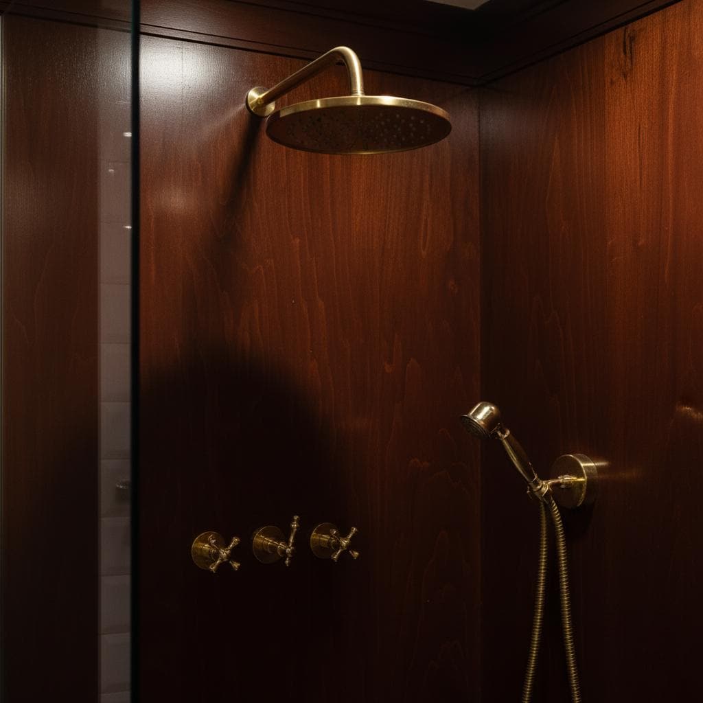 Shower head and controls mounted on a wooden wall