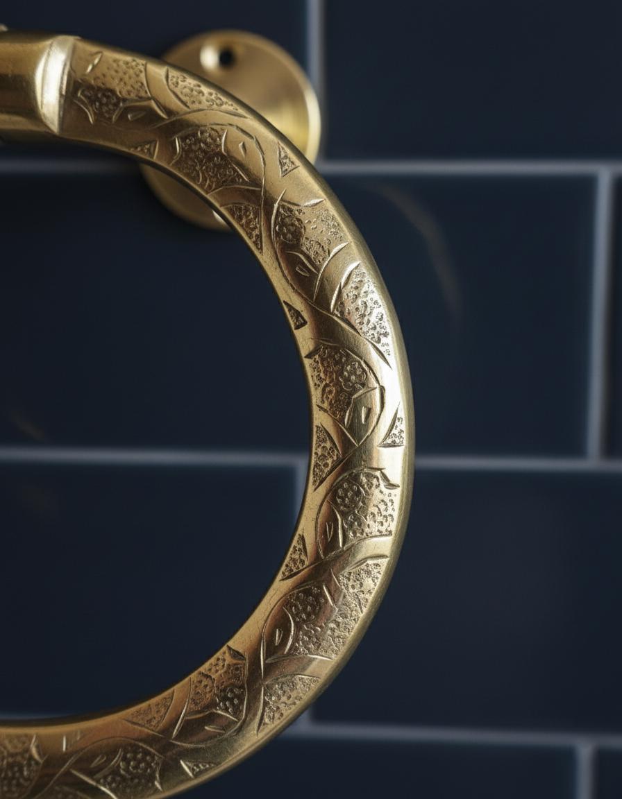 Decorative brass towel ring on a dark tiled wall