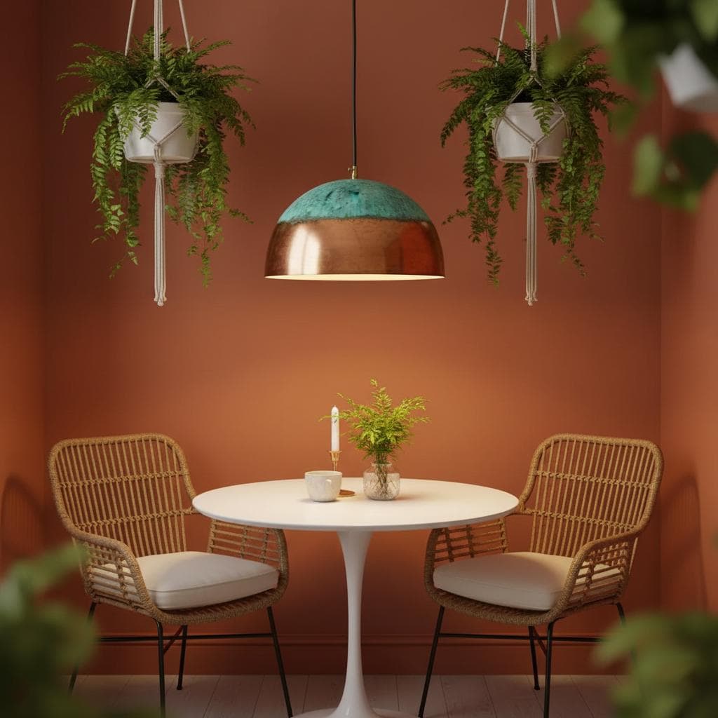 Pendant light with copper and teal design hanging in a concrete room.