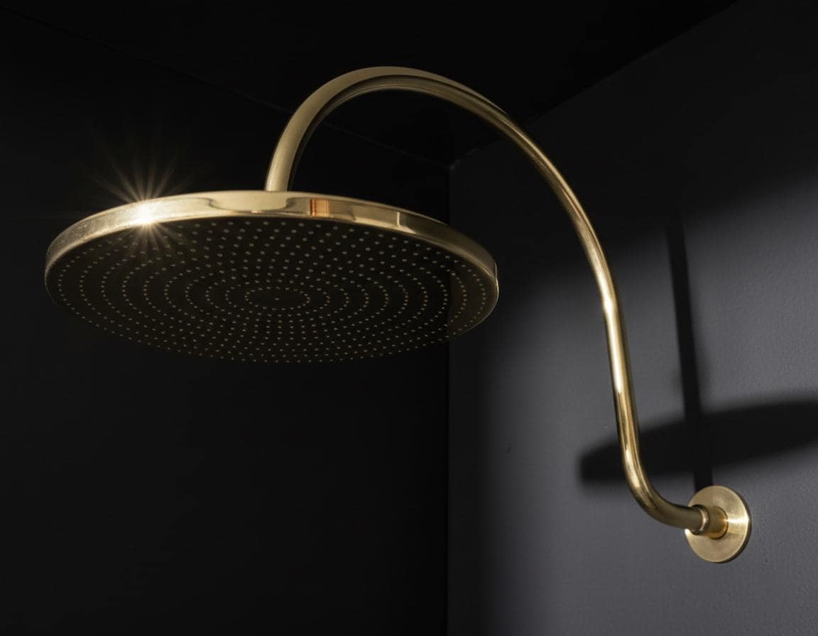 Gold shower head with curved arm against a dark background
