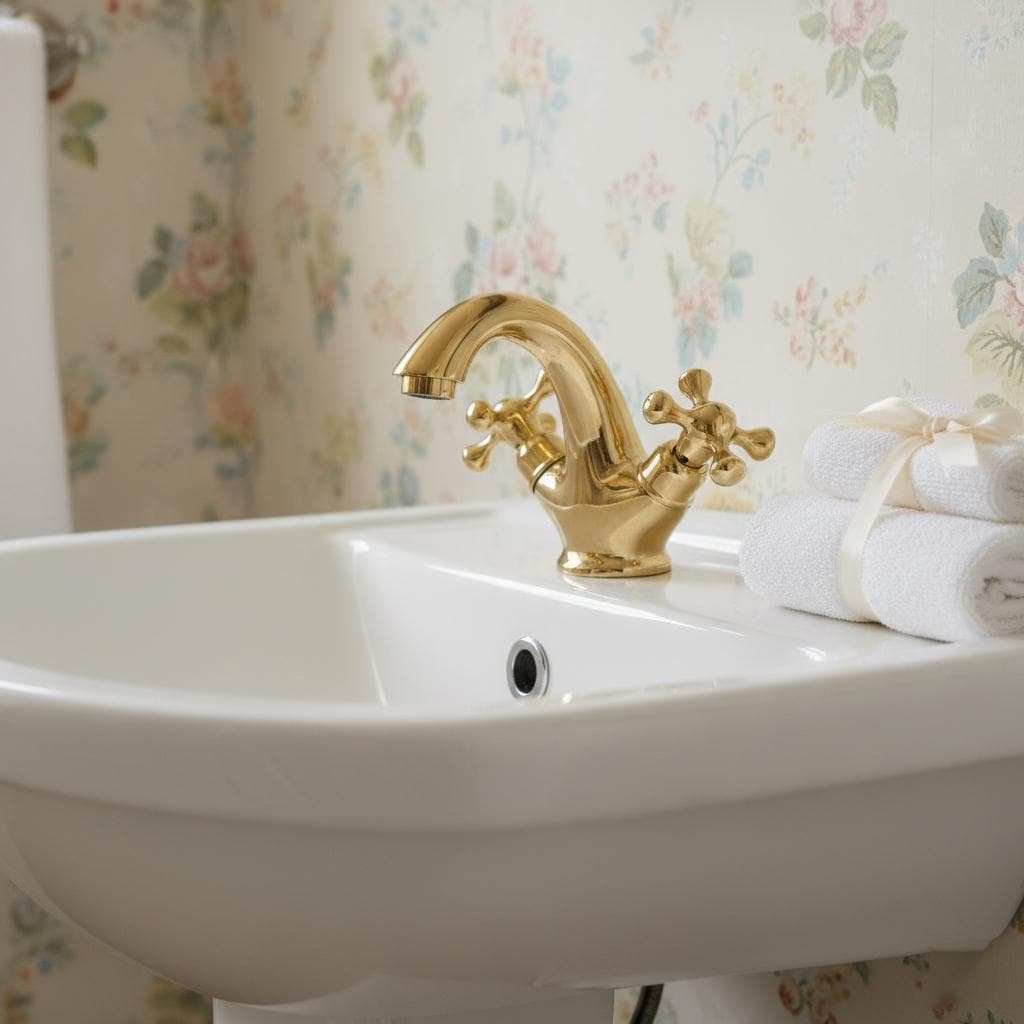 White sink with gold faucet and floral wallpaper